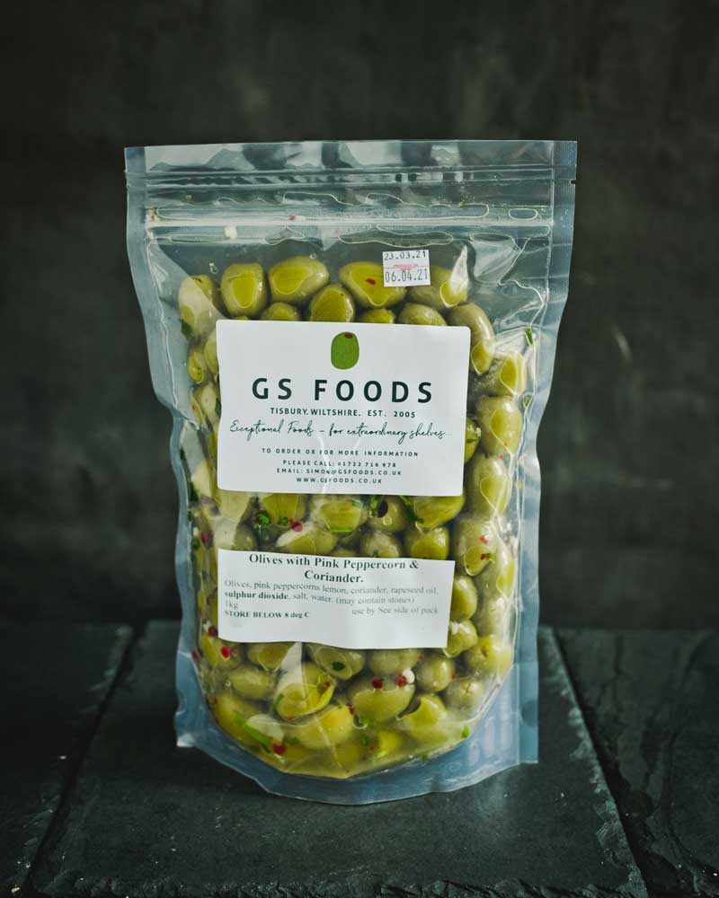 Pink Peppercorn & Coriander Olives - 1kg pack