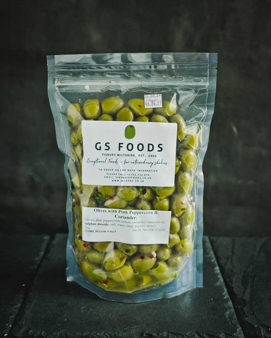 Pink Peppercorn & Coriander Olives - 1kg pack